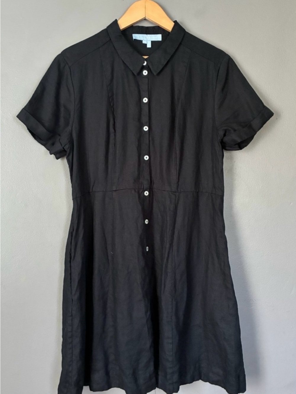Hill House Laura Dress | Black Linen Short Sleeve Button down Shirt Dress A-line - Picture 3 of 4